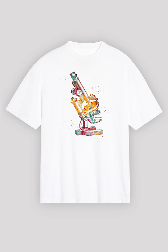 Mikroskop Baskılı Unisex Oversize Beyaz Tişört - Tshirt