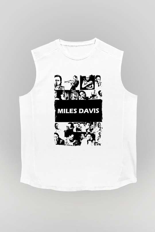 Miles Davis Baskılı Beyaz Unisex Kolsuz Tişört - Tshirt