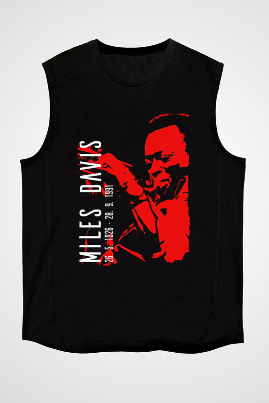 Miles Davis Baskılı Unisex Siyah Kolsuz Tişört - Tshirt