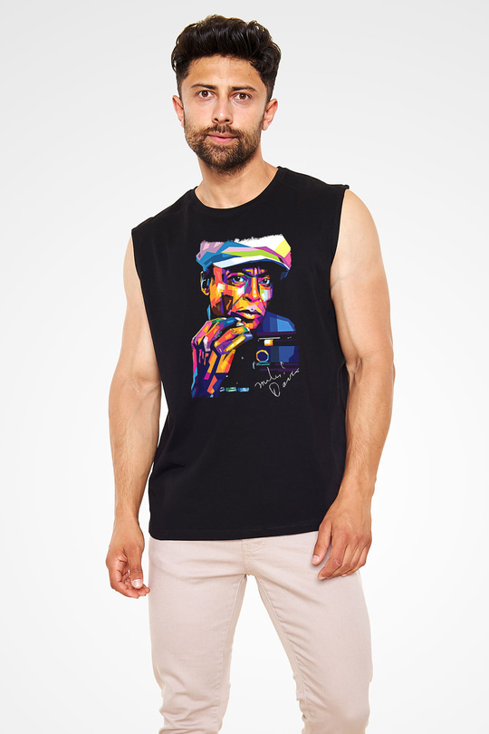 Miles Davis Baskılı Unisex Siyah Kolsuz Tişört - Tshirt