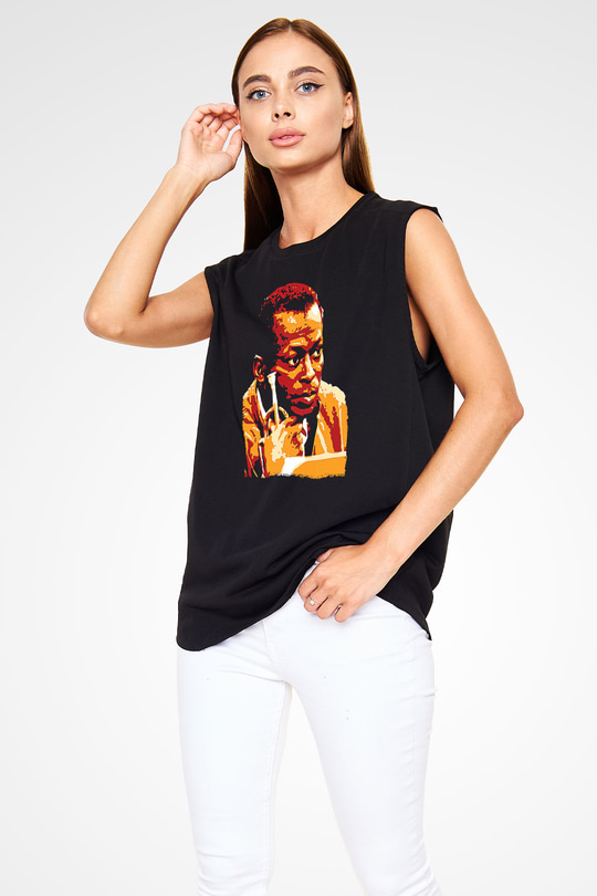 Miles Davis Baskılı Unisex Siyah Kolsuz Tişört - Tshirt