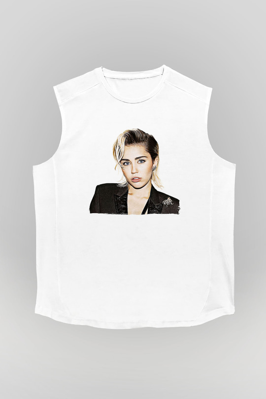 Miley Cyrus Baskılı Beyaz Unisex Kolsuz Tişört - Tshirt