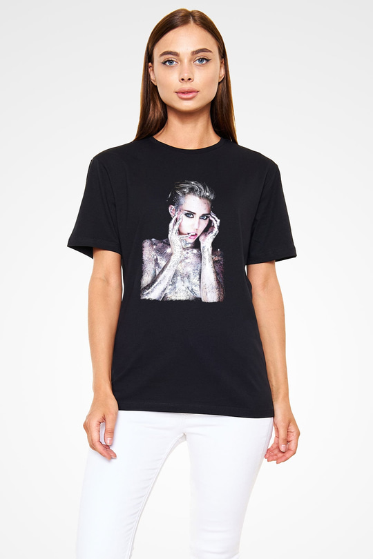 Miley Cyrus Baskılı Unisex Siyah Tişört - Tshirt