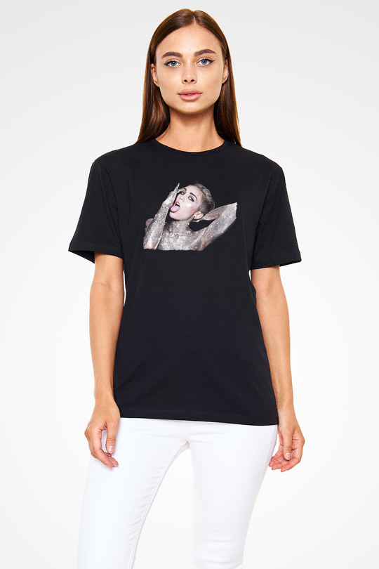 Miley Cyrus Baskılı Unisex Siyah Tişört - Tshirt