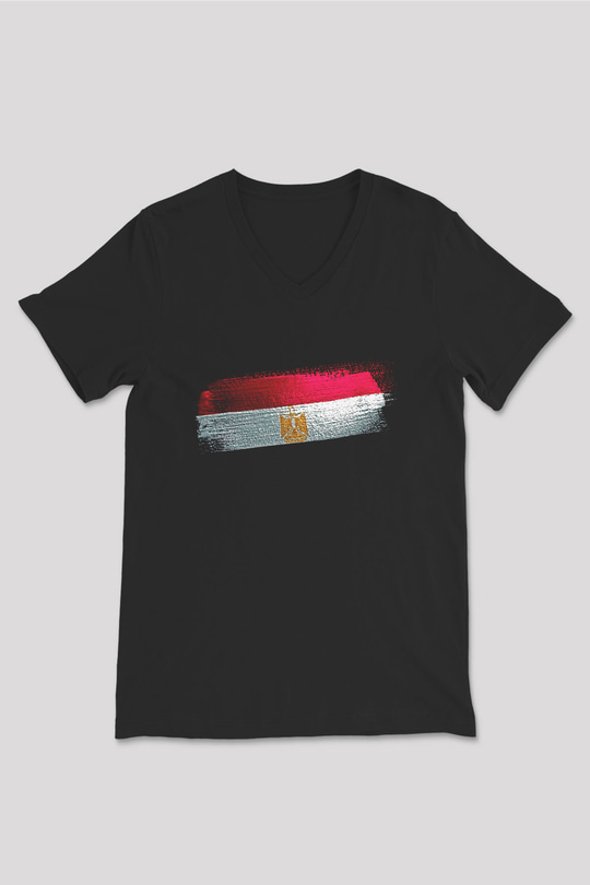 Mısır - Egypt Bayrağı Baskılı Unisex Siyah V Yaka Tişört