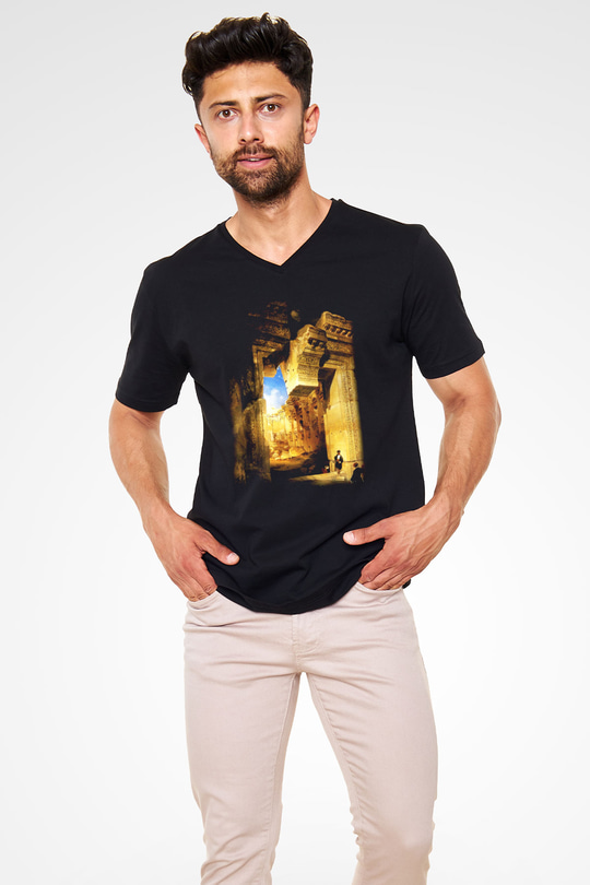 Mısır Harabeleri Siyah Unisex V Yaka Tişört T-Shirt