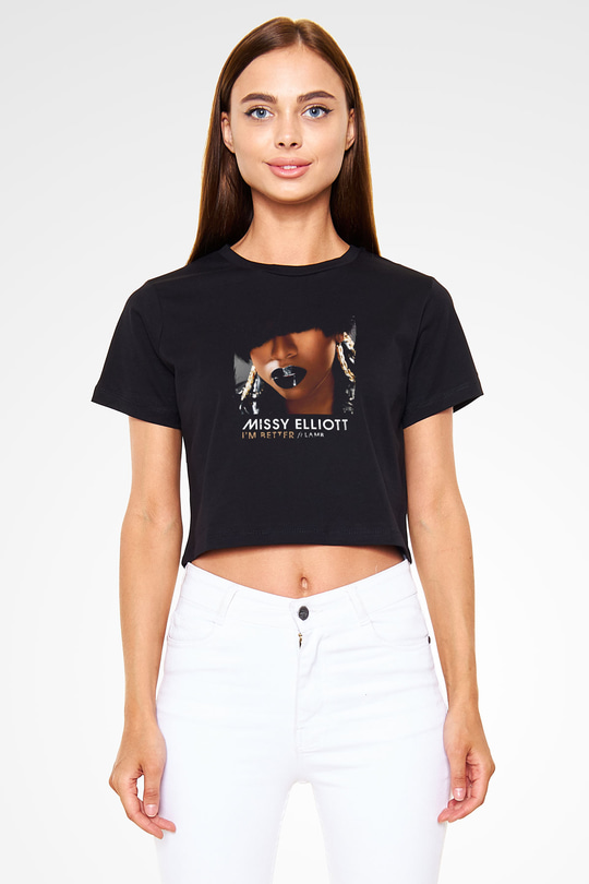 Missy Elliott Baskılı Crop Top Siyah Kadın Tişört