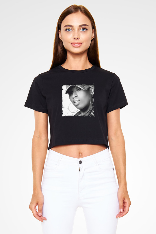 Missy Elliott Baskılı Crop Top Siyah Kadın Tişört