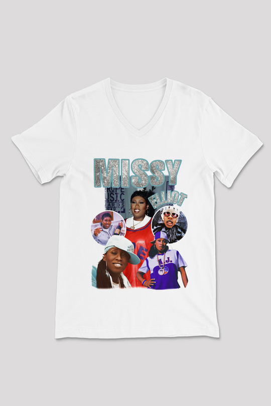 Missy Elliott Beyaz Unisex V Yaka Tişört