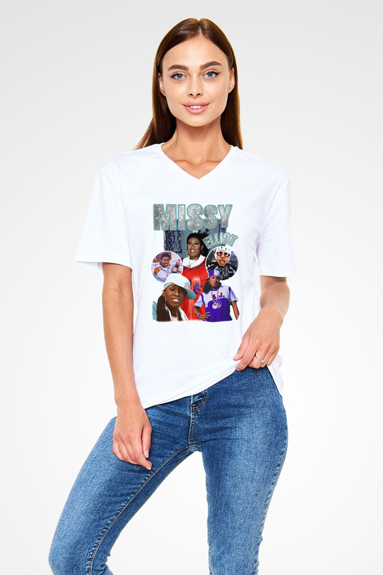 Missy Elliott Beyaz Unisex V Yaka Tişört