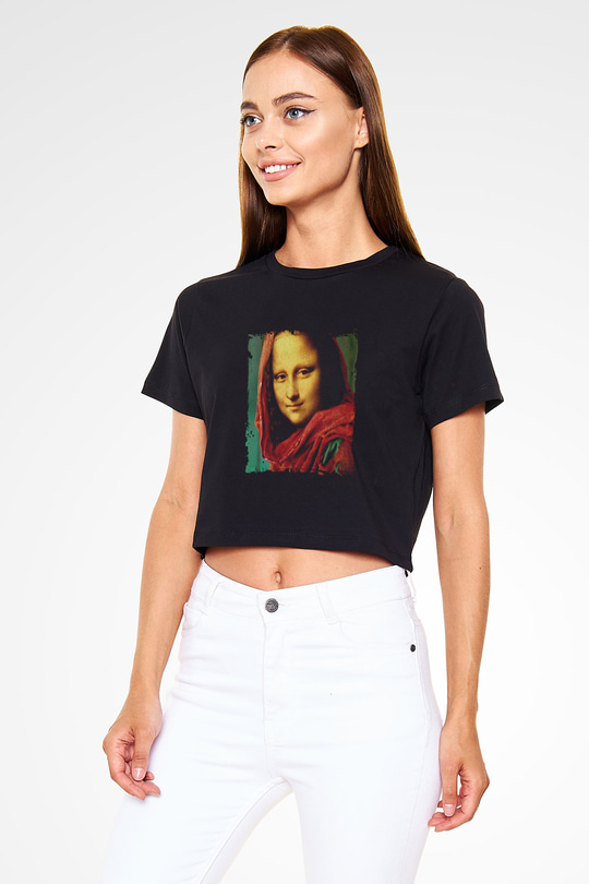 Mona Lisa Baskılı Siyah Kadın Crop Top Tişört