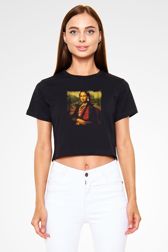 Mona Lisa Baskılı Siyah Kadın Crop Top Tişört