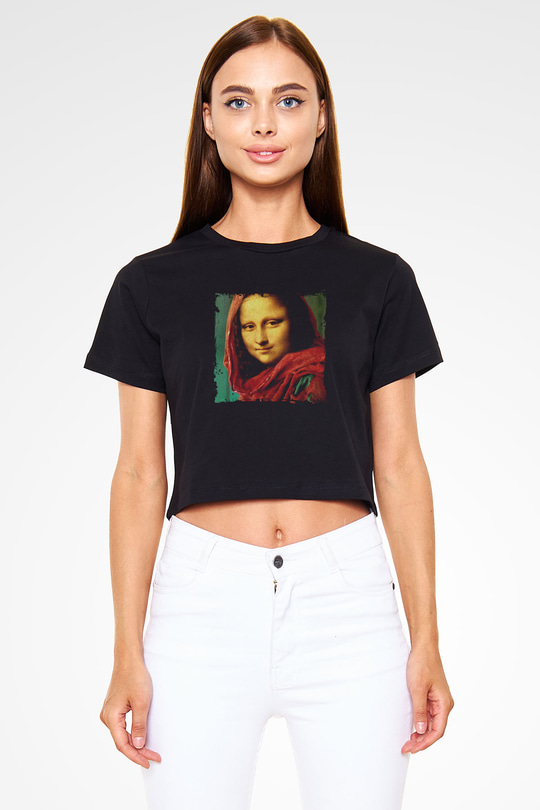 Mona Lisa Baskılı Siyah Kadın Crop Top Tişört