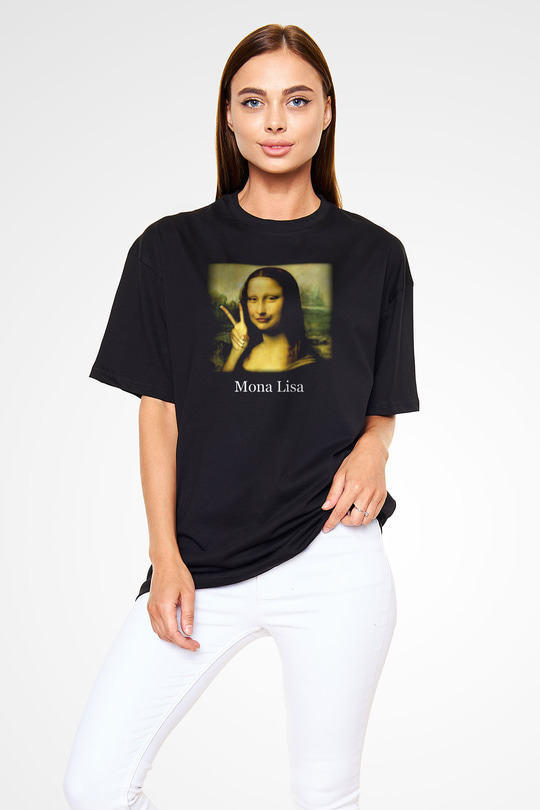 Mona Lisa Siyah Unisex Oversize Tişört T-Shirt