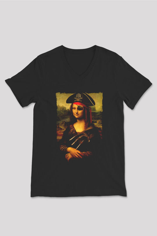 Mona Lisa Siyah Unisex V Yaka Tişört