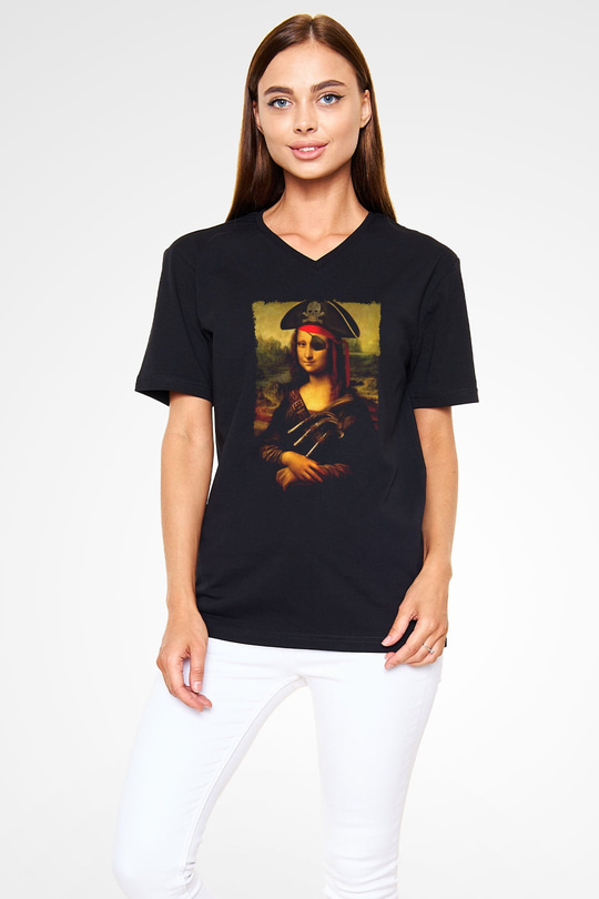 Mona Lisa Siyah Unisex V Yaka Tişört
