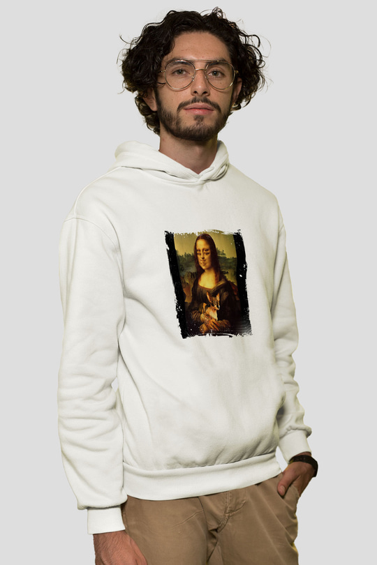 Mona Lisa Unisex Baskılı Beyaz Kapüşonlu Sweatshirt