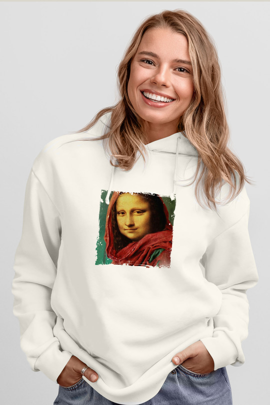 Mona Lisa Unisex Baskılı Beyaz Kapüşonlu Sweatshirt