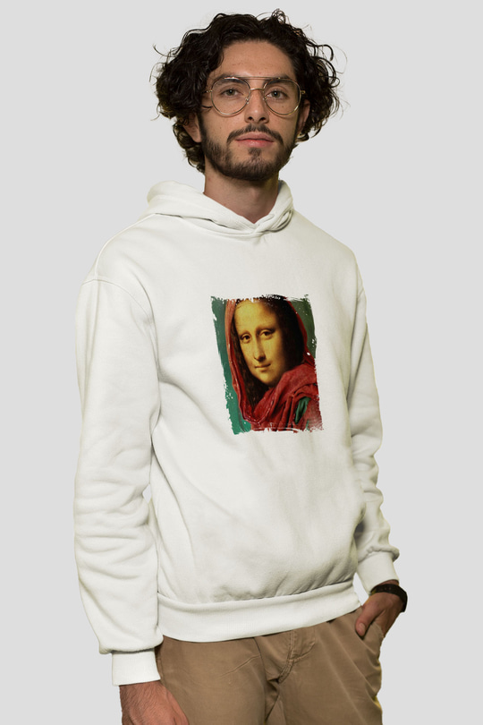 Mona Lisa Unisex Baskılı Beyaz Kapüşonlu Sweatshirt