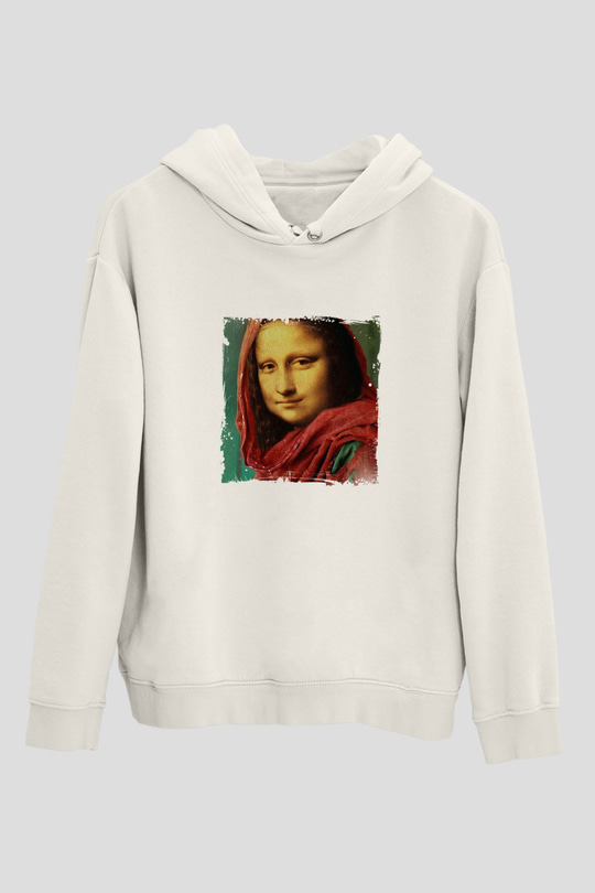 Mona Lisa Unisex Baskılı Beyaz Kapüşonlu Sweatshirt