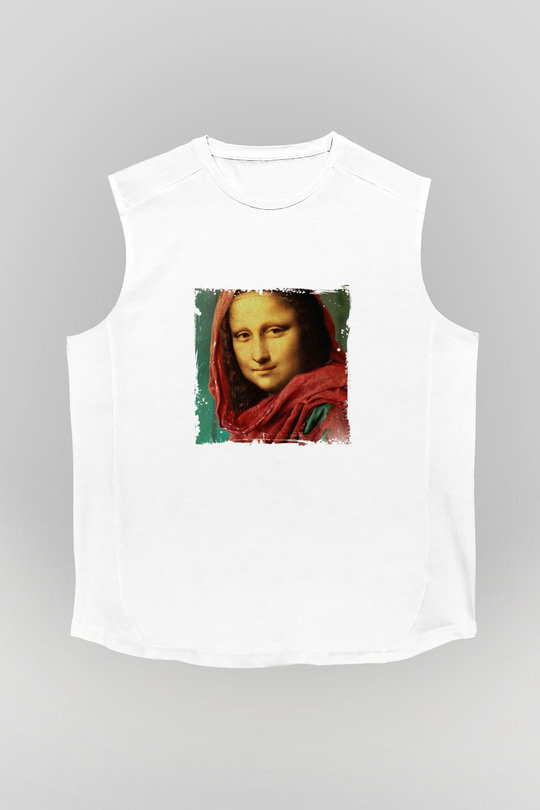 Mona Lisa Unisex Baskılı Beyaz Kolsuz Tişört