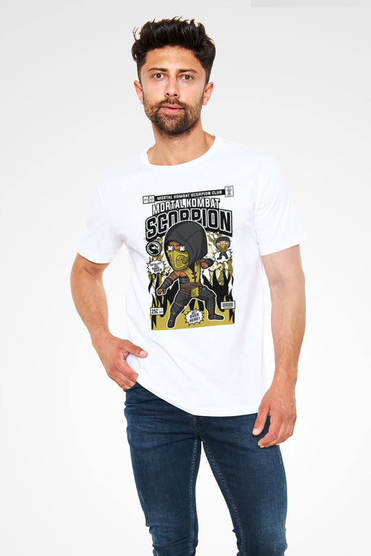 Mortal Kombat Scorpion Baskılı Unisex Beyaz Tişört