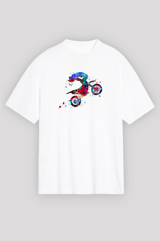 Motor Sporları Baskılı Unisex Beyaz Oversize Tişört - Tshirt