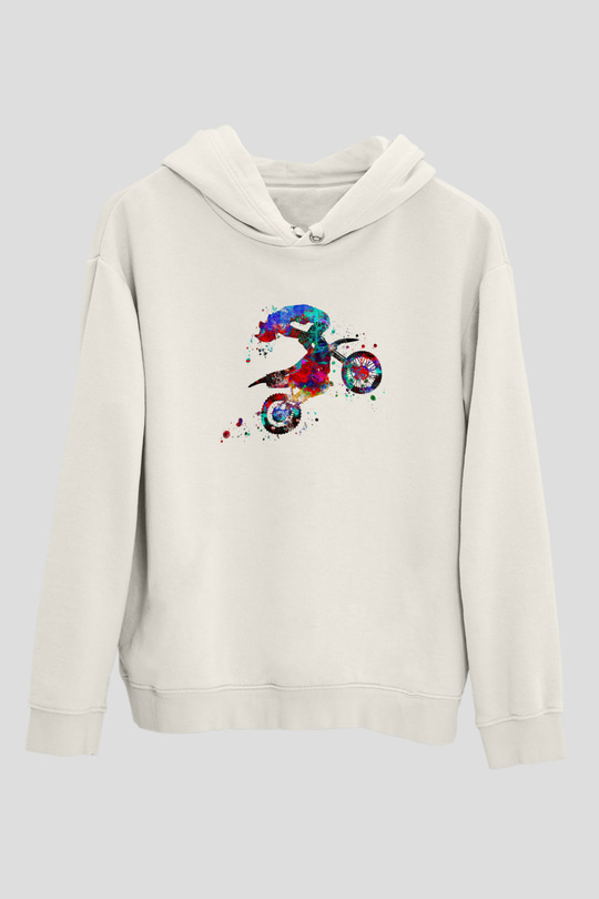 Motor Sporları Baskılı Unisex Ekru Hoodie
