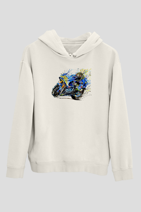 Motor Sporları Baskılı Unisex Ekru Hoodie