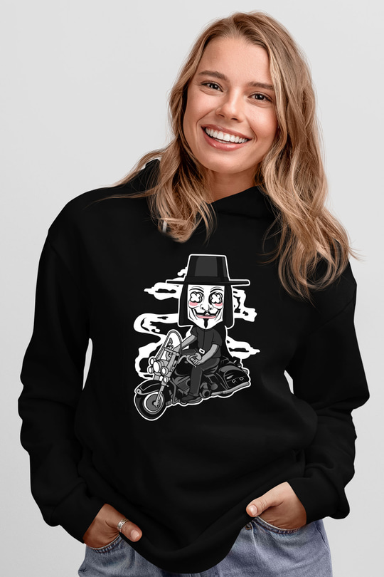 Motorcu Vendetta Baskılı Unisex Siyah Hoodie