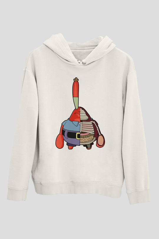 Mr Krabs Half Skeleton Baskılı Beyaz Unisex Hoodie