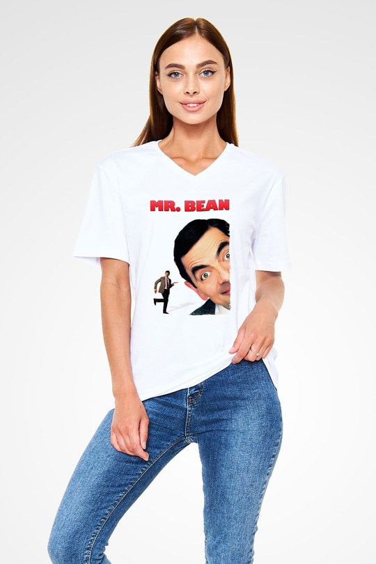 Mr.Bean Beyaz Unisex  V Yaka Tişört