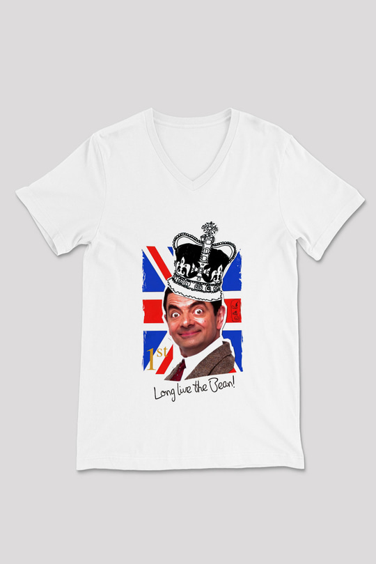 Mr.Bean Beyaz Unisex  V Yaka Tişört
