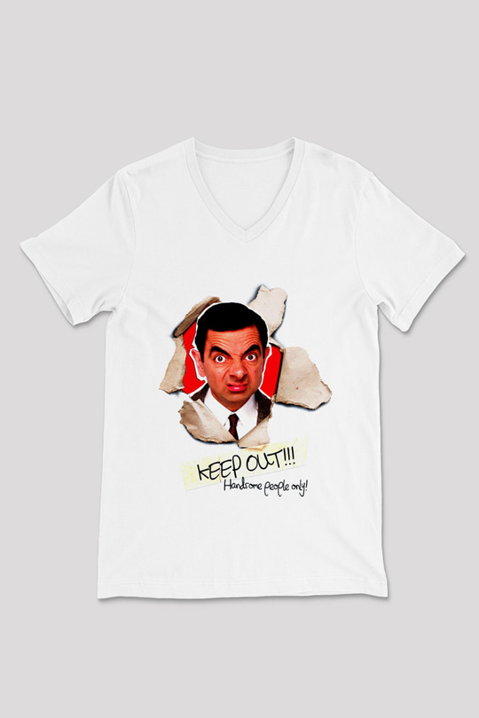 Mr.Bean Beyaz Unisex  V Yaka Tişört