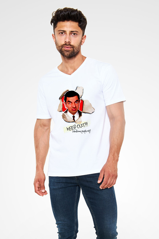 Mr.Bean Beyaz Unisex  V Yaka Tişört