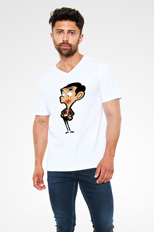 Mr.Bean Beyaz Unisex  V Yaka Tişört