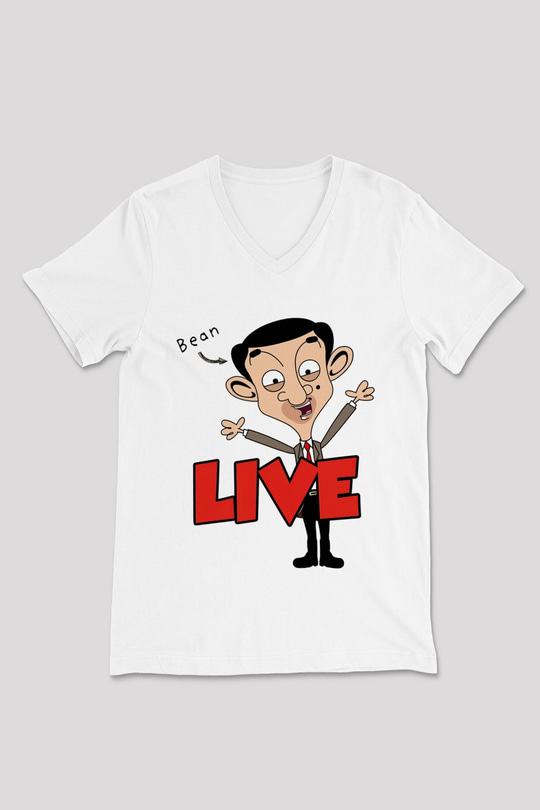 Mr.Bean Beyaz Unisex V Yaka Tişört