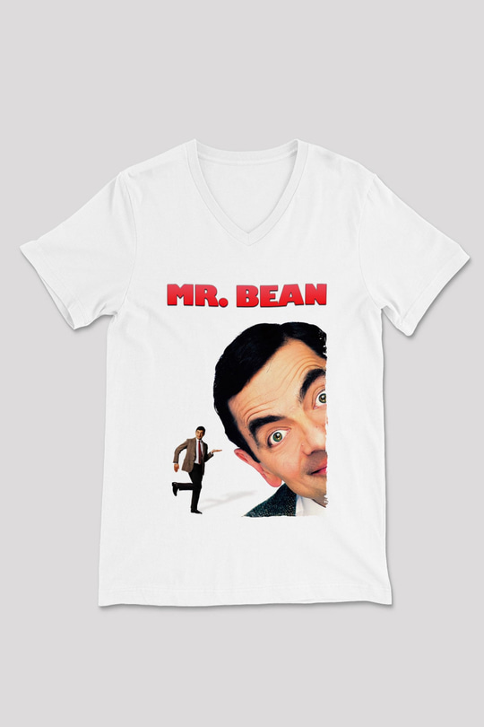 Mr.Bean Beyaz Unisex  V Yaka Tişört