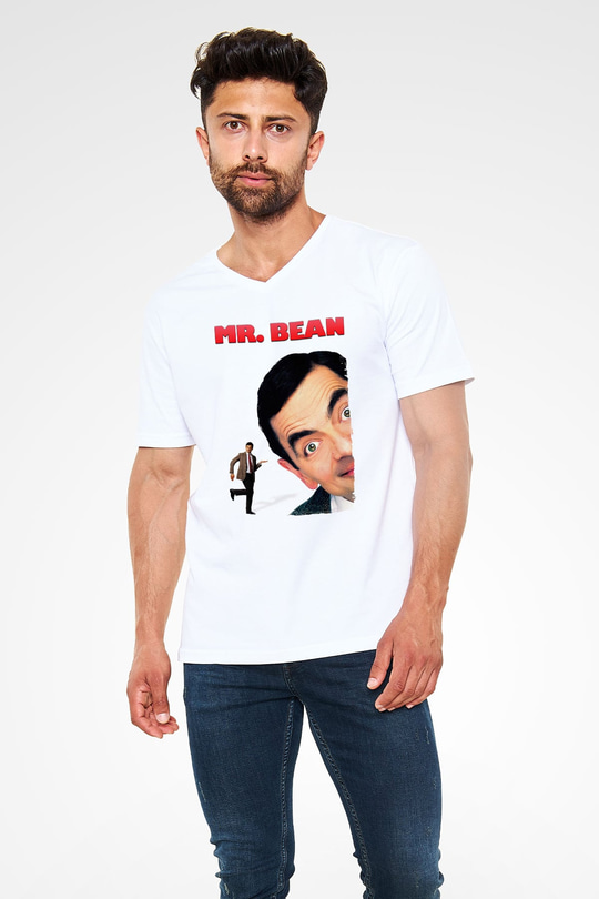 Mr.Bean Beyaz Unisex  V Yaka Tişört