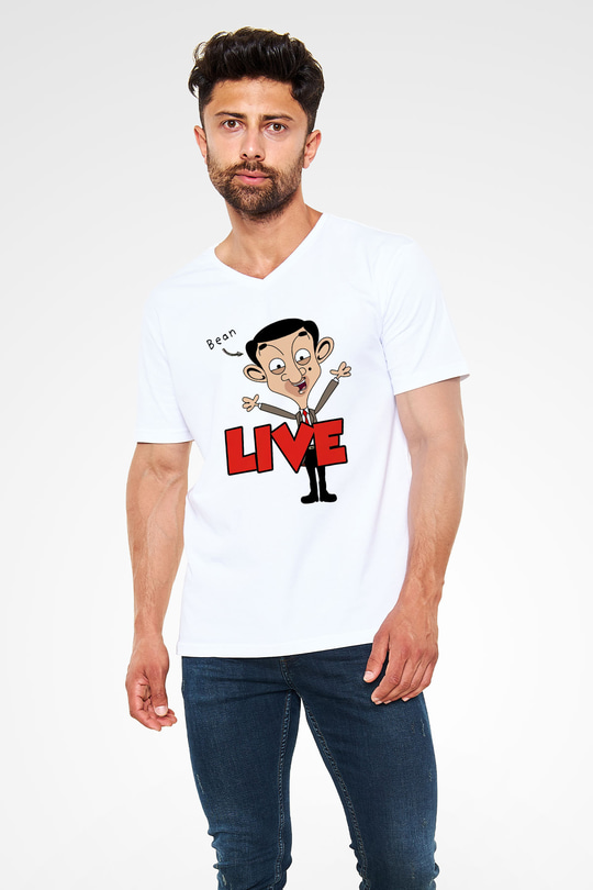 Mr.Bean Beyaz Unisex V Yaka Tişört
