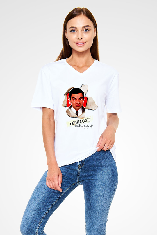 Mr.Bean Beyaz Unisex  V Yaka Tişört