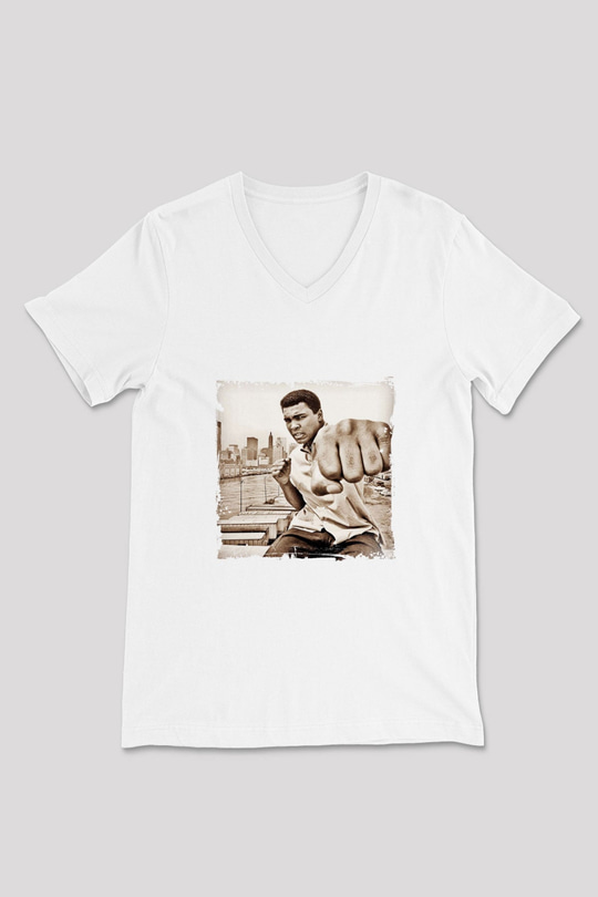 Muhammed Ali Baskılı V Yaka Unisex Beyaz Tişört
