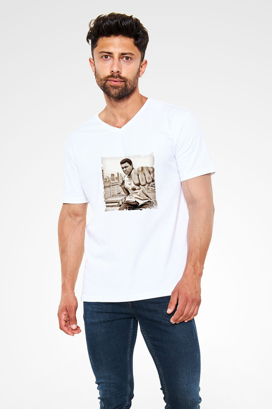 Muhammed Ali Baskılı V Yaka Unisex Beyaz Tişört