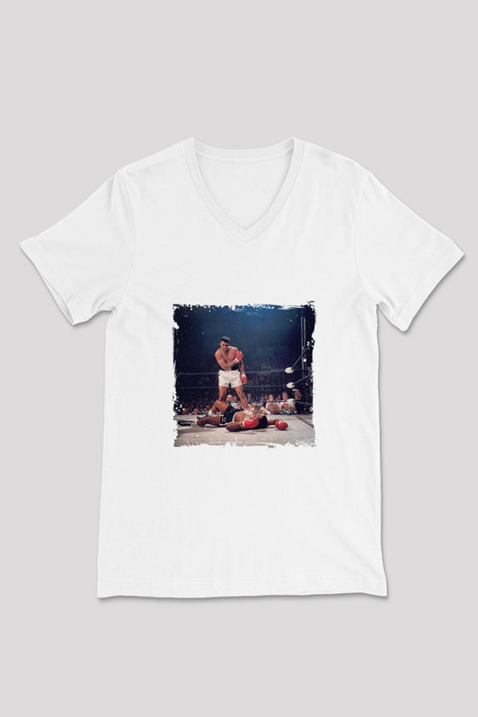 Muhammed Ali Baskılı V Yaka Unisex Beyaz Tişört