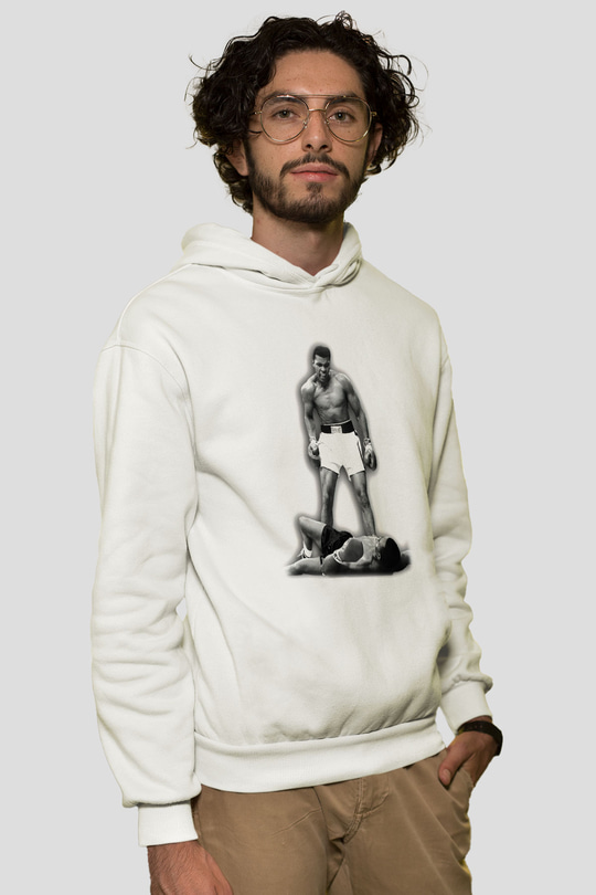 Muhammed Ali Beyaz Unisex Kapşonlu Sweatshirt