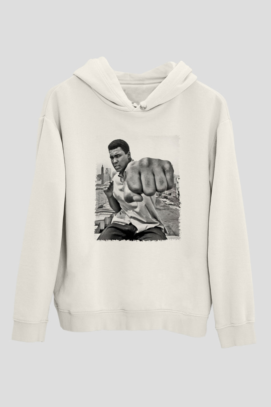 Muhammed Ali Beyaz Unisex Kapşonlu Sweatshirt