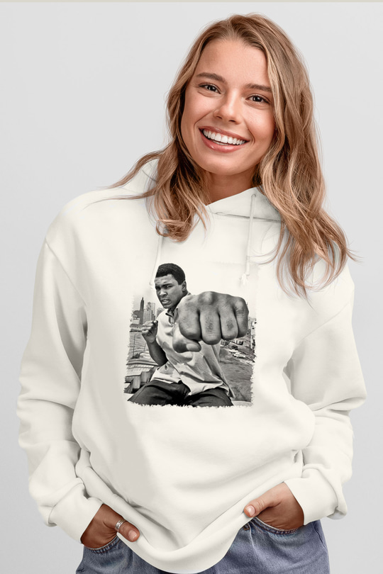 Muhammed Ali Beyaz Unisex Kapşonlu Sweatshirt