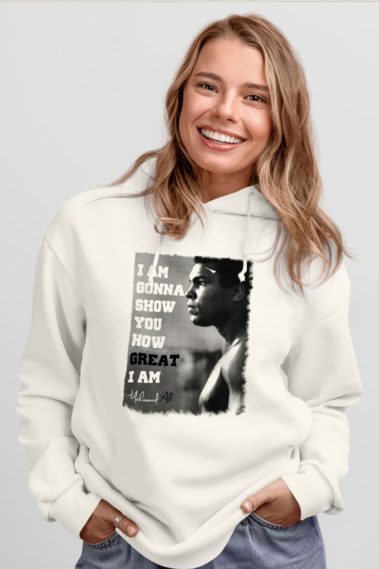 Muhammed Ali Beyaz Unisex Kapşonlu Sweatshirt