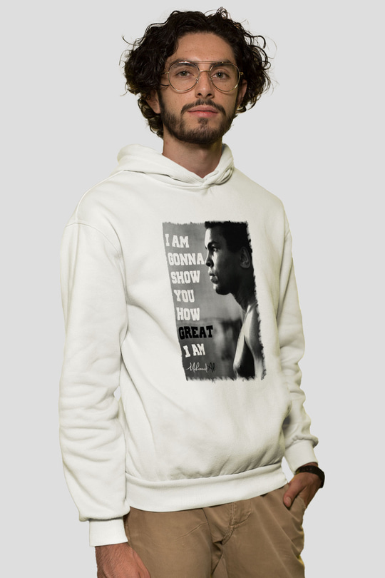 Muhammed Ali Beyaz Unisex Kapşonlu Sweatshirt
