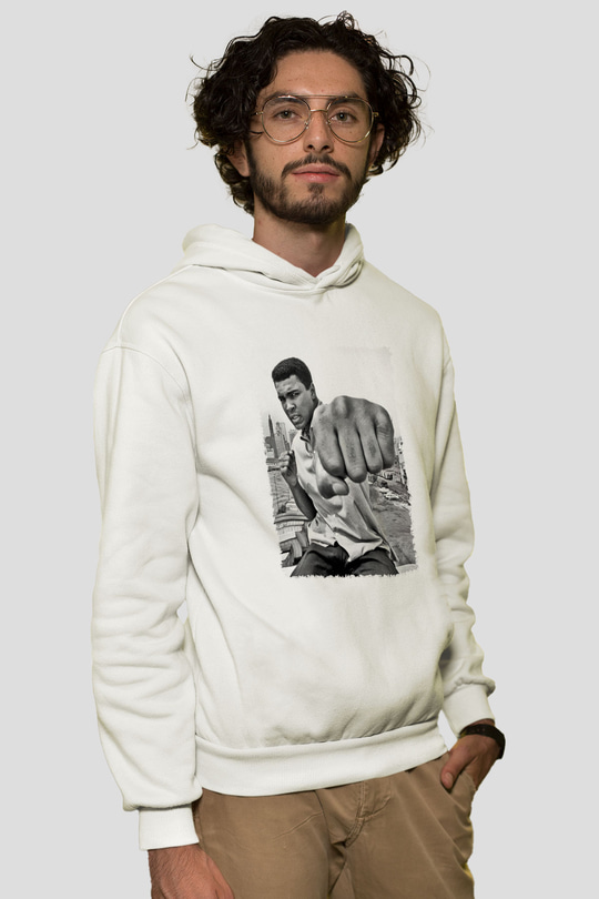 Muhammed Ali Beyaz Unisex Kapşonlu Sweatshirt